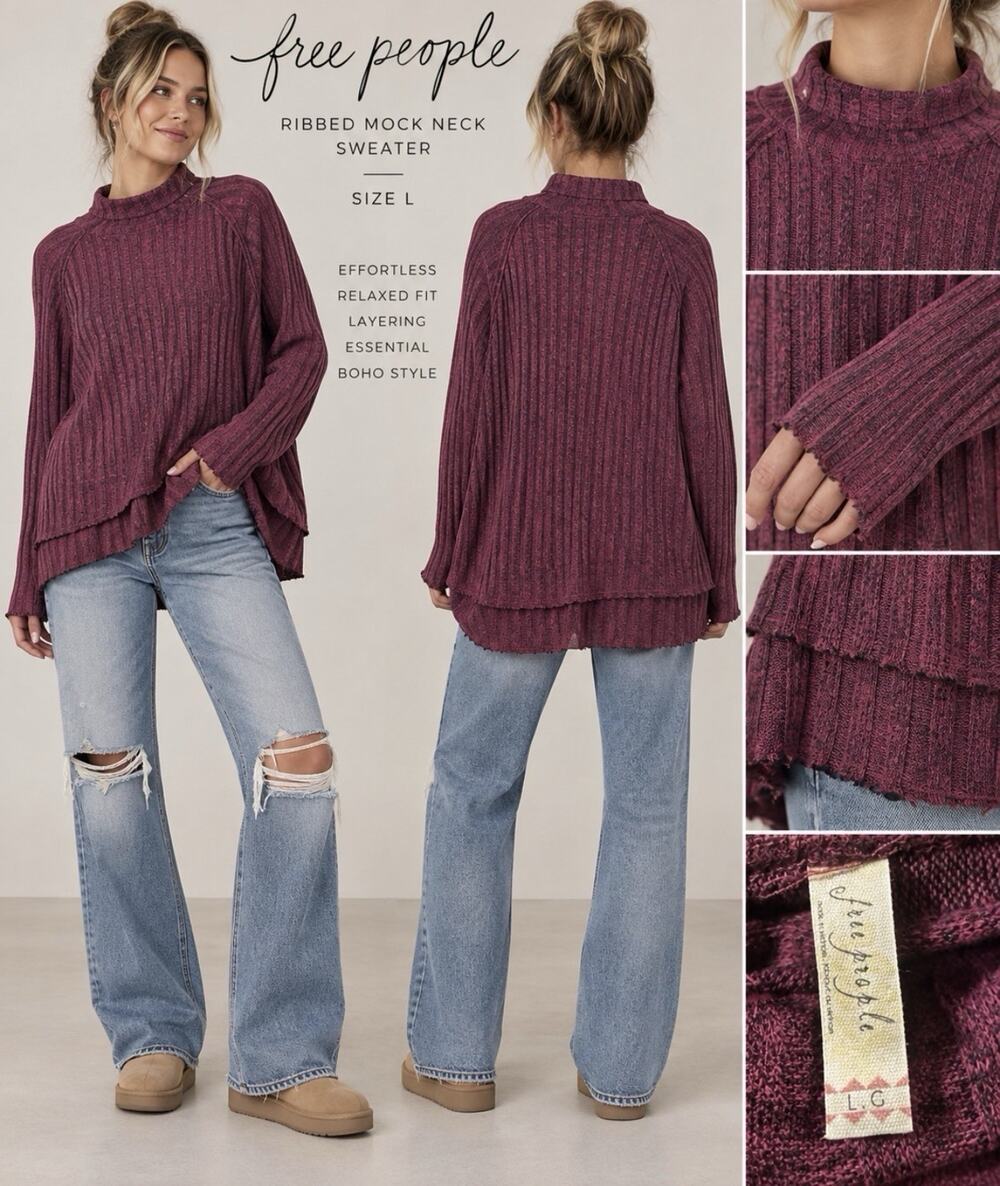 Free People Women’s Size Large Burgundy Ribbed Mock Neck Oversized Boho Sweater